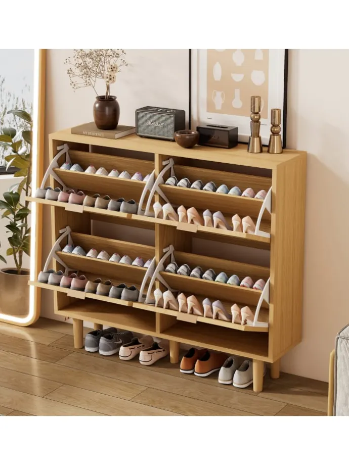 Schuhkommode in Braun mit Rattan-Schubladen 100x25x90 cm