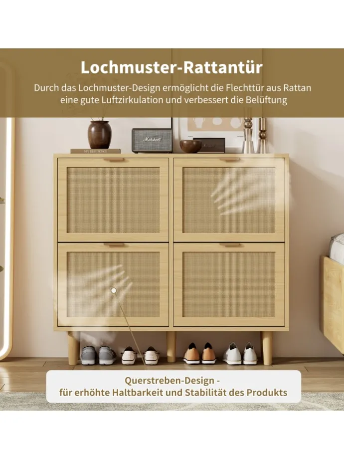 Schuhkommode in Braun mit Rattan-Schubladen 100x25x90 cm