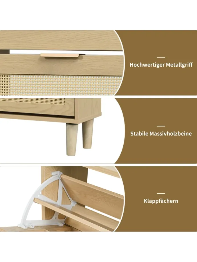 Schuhkommode in Braun mit Rattan-Schubladen 100x25x90 cm
