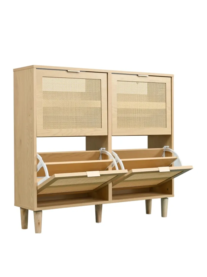 Schuhkommode in Braun mit Rattan-Schubladen 100x25x90 cm