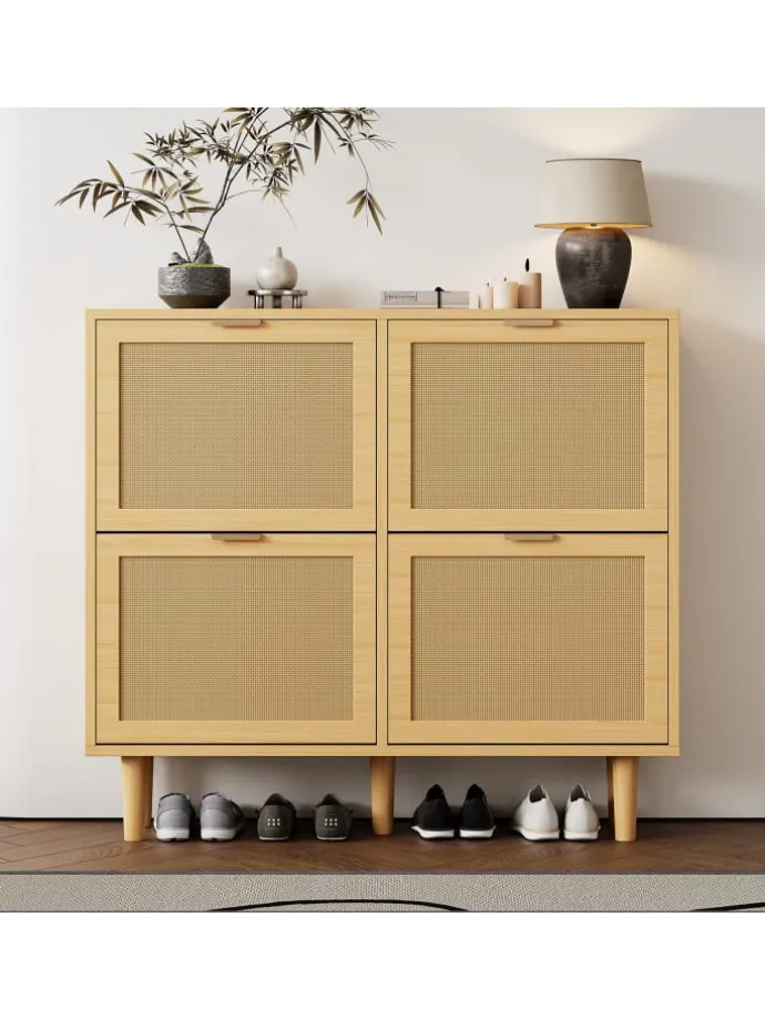 Schuhkommode in Braun mit Rattan-Schubladen 100x25x90 cm