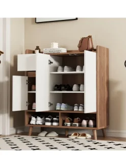 Schuhschrank in Natürlich mit verstellbaren Einlegeböden H99 B90 T35 cm