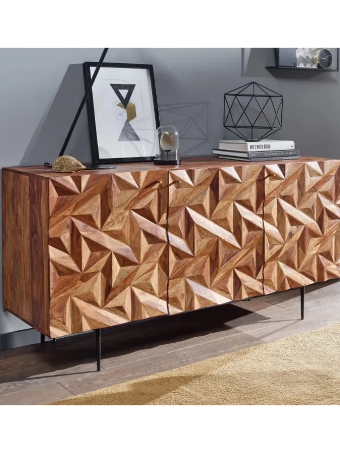 Sideboard "Metallux", Sheesham-Holz, 3D-Oberfläche, Braun, Modern