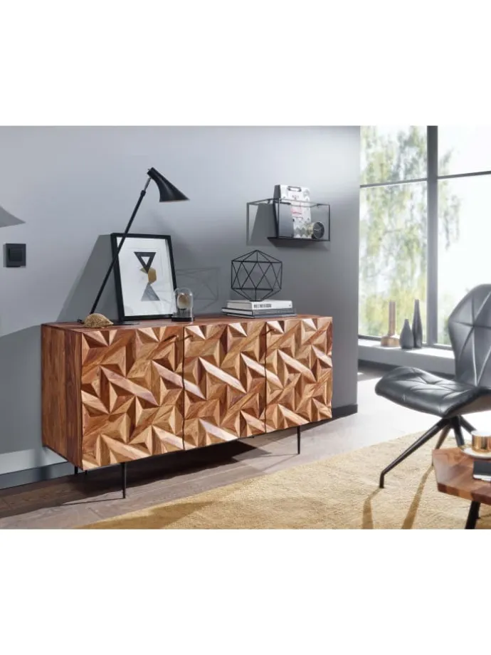 Sideboard "Metallux", Sheesham-Holz, 3D-Oberfläche, Braun, Modern
