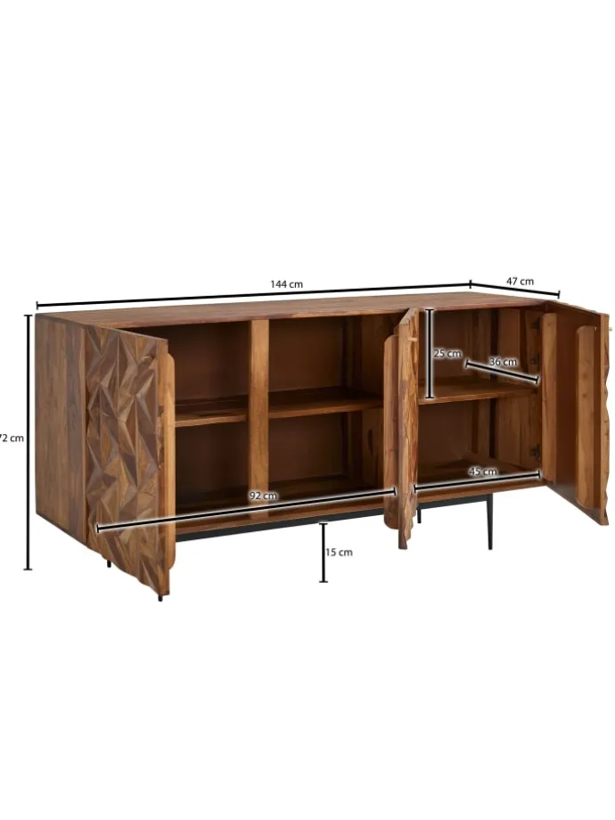Sideboard "Metallux", Sheesham-Holz, 3D-Oberfläche, Braun, Modern
