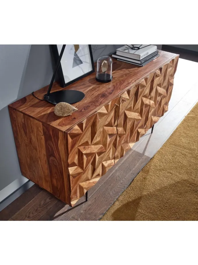 Sideboard "Metallux", Sheesham-Holz, 3D-Oberfläche, Braun, Modern