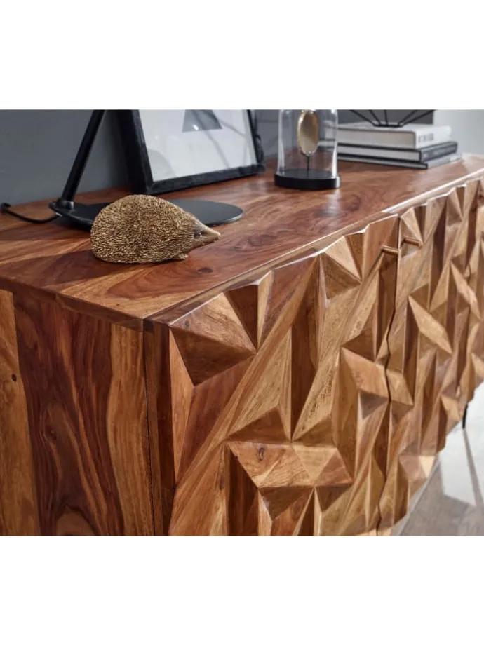 Sideboard "Metallux", Sheesham-Holz, 3D-Oberfläche, Braun, Modern