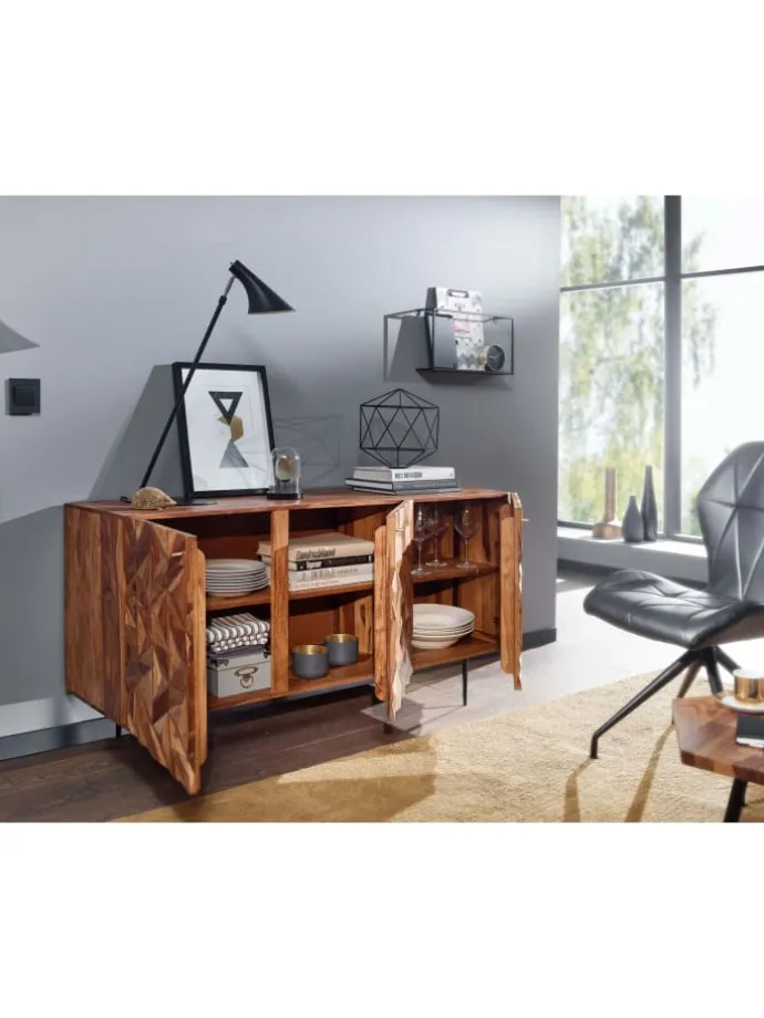 Sideboard "Metallux", Sheesham-Holz, 3D-Oberfläche, Braun, Modern