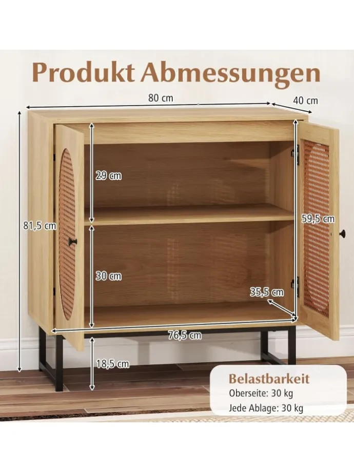 Sideboard mit 2 Rattantüren in Hellbraun