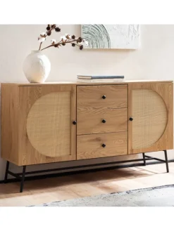 Sideboard 140x80x40 cm Kommode Eiche-Dekor mit Rattan Geflecht