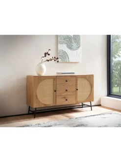 Sideboard 140x80x40 cm Kommode Eiche-Dekor mit Rattan Geflecht