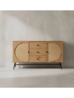 Sideboard 140x80x40 cm Kommode Eiche-Dekor mit Rattan Geflecht