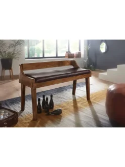 Sitzbank | Echtleder/Holz, 108x63x43cm, Rückenlehne