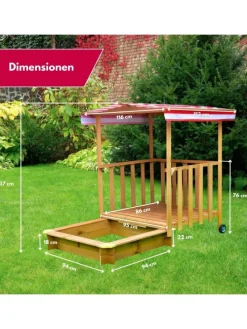 Spielhaus mit Sandkasten und Spielveranda in Natur