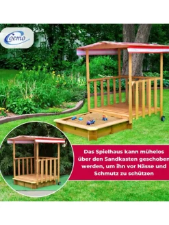 Spielhaus mit Sandkasten und Spielveranda in Natur