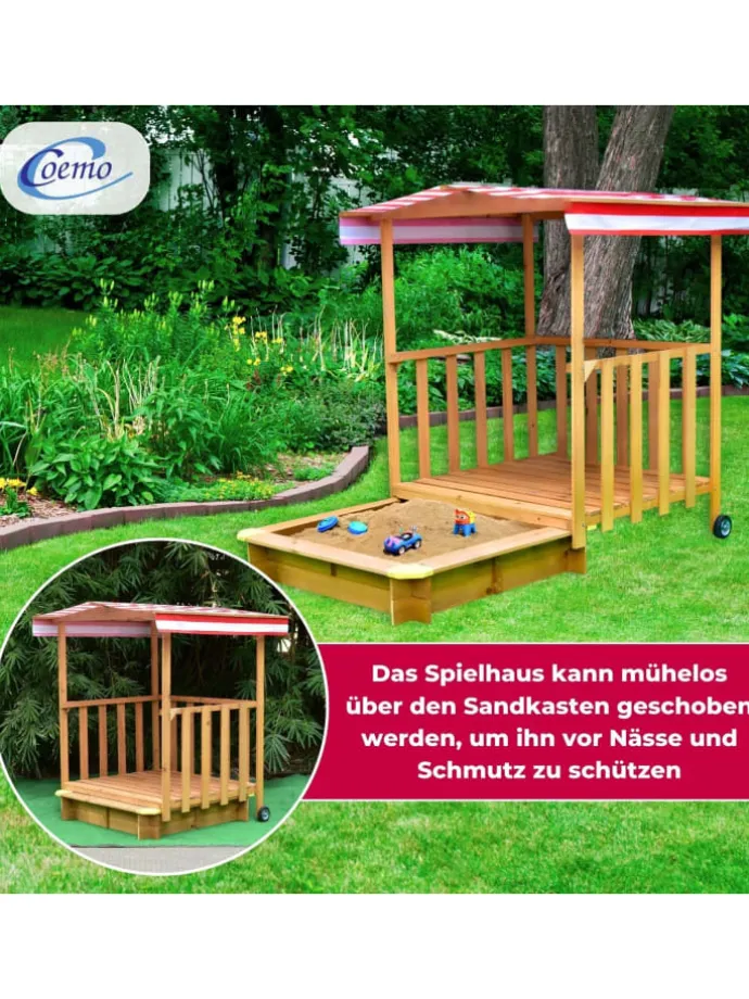 Spielhaus mit Sandkasten und Spielveranda in Natur