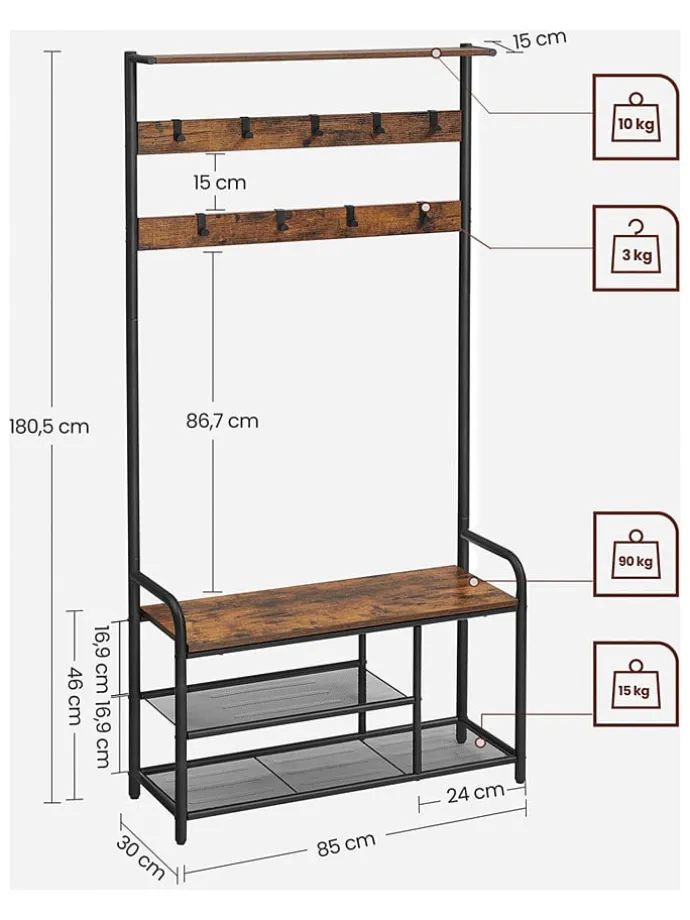Standgarderobe in Braun/ Schwarz - (B)85 x (H)180 x (T)30 cm