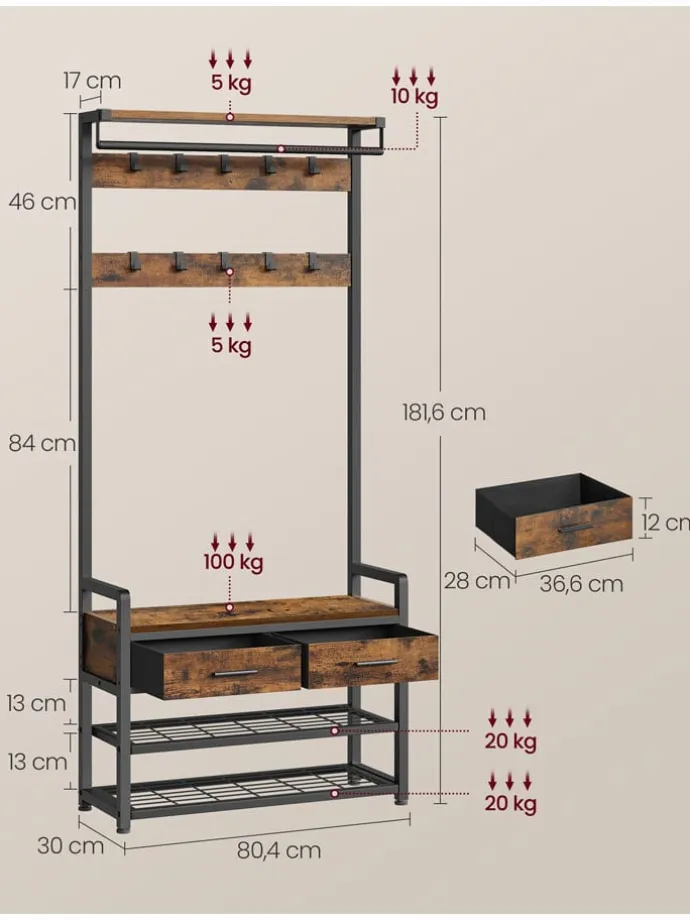 Standgarderobe in Braun/ Schwarz - (B)80 x (H)181 x (T)30 cm