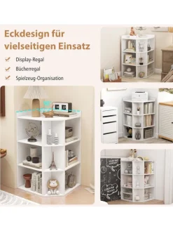 3-stöckiges Eck-Bücherregal mit Ladestation in Weiß