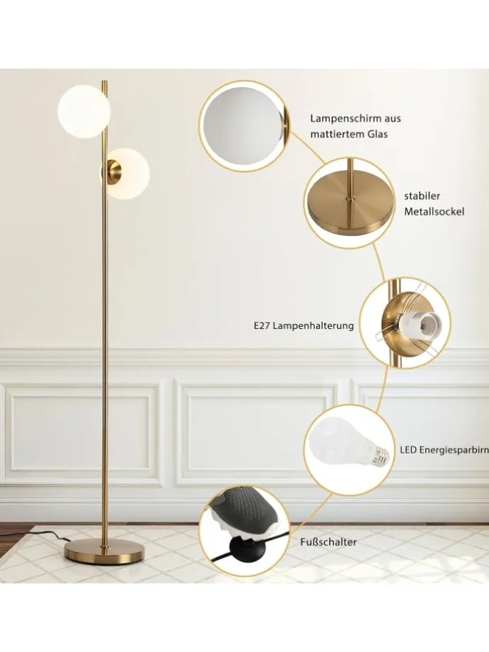 Stehlampe 2-flammig E27 in Gold