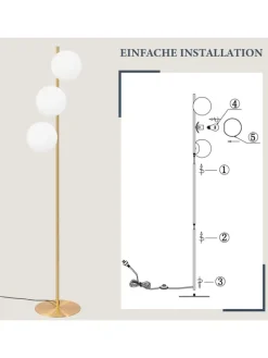 Stehlampe 3-flammige E27 in gold Glasschrim