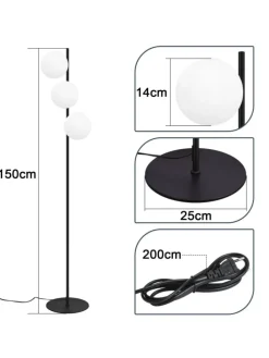 Stehlampe 3-flammige E27 in schwarz Glasschrim