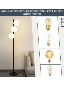Stehlampe 3-flammige E27 in schwarz Glasschrim