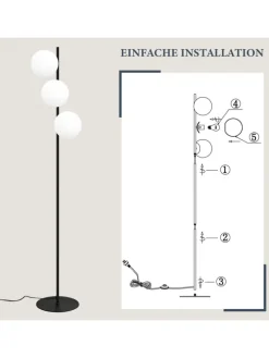 Stehlampe 3-flammige E27 in schwarz Glasschrim