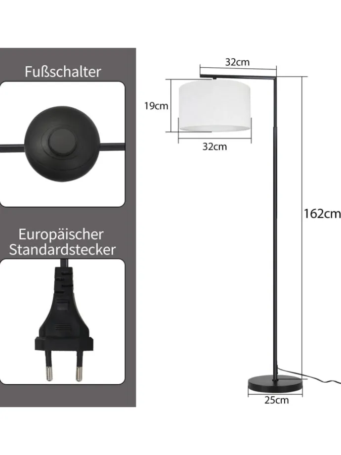 Stehlampe in weiß H 162cm 1-flammige E27 schwenkbar 180°