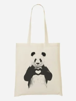 Stoffbeutel "Love Panda" in Creme/ Schwarz - (B)36 x (H)43 cm