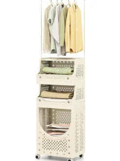 4-stufig Kleiderstangen schmal mit Wäschekorbwagen in Beige