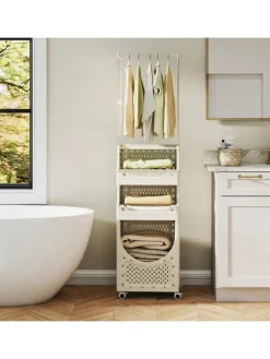 4-stufig Kleiderstangen schmal mit Wäschekorbwagen in Beige