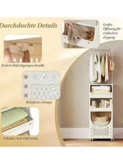 4-stufig Kleiderstangen schmal mit Wäschekorbwagen in Beige