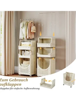4-stufig Kleiderstangen schmal mit Wäschekorbwagen in Beige