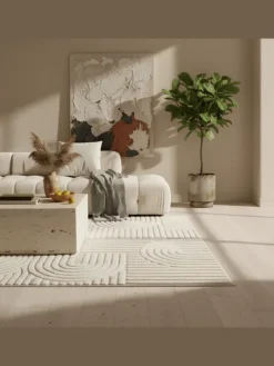 Teppich Hochflor Skandi-Boho Muster Polypropylen Wohnzimmer in Creme