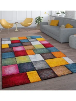 Teppich Kurzflor Karos Wohnzimmer schmutzabweisend in Mehrfarbig