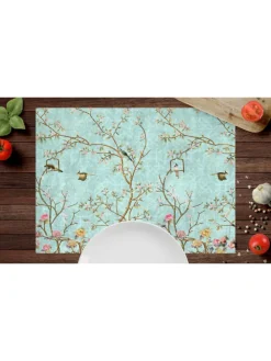 Tischsets I Platzsets abwaschbar - Florales Vintage Motiv mit Vägeln - aus erstklassigem Vinyl (Kunststoff Ð BPA-frei) - 4 Stück - 44 x 32 cm - rutschfeste Tischdekoration