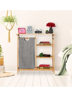 2tlg. Badregal Wäschekorb Set in Natur/Grau - (B)80 x (H)80,5 x (T)33,5 cm