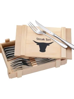 12tlg. Edelstahl-Steakbesteckset mit Holzkassette