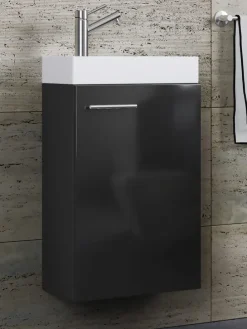 2-tlg. Gäste WC Waschplatz Waschtisch schmal Slito in Schwarz