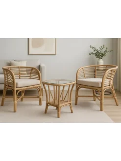 3tlg. Rattansitzgruppe mit Sitzkissen in beigefarben