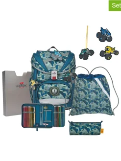 6tlg. Schulranzen-Set "Monster Truck" in Blau/Grün