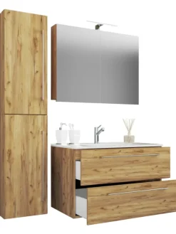 4-tlg. Waschplatz Waschtisch Badinos Schublade SC in Honig-Eiche