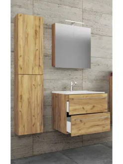 4-tlg. Waschplatz Waschtisch Badinos Schublade SC in Honig-Eiche