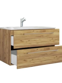 2-tlg. Waschplatz Waschtisch Badinos 2 Schublade in Honig-Eiche