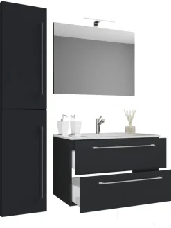 4-tlg. Waschplatz Waschtisch Badinos Schublade SP in Schwarz