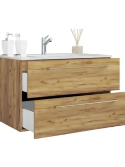 2-tlg. Waschplatz Waschtisch Badinos 2 Schublade in Honig-Eiche