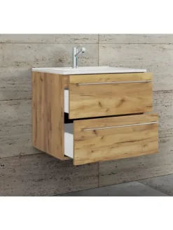 2-tlg. Waschplatz Waschtisch Badinos 2 Schublade in Honig-Eiche