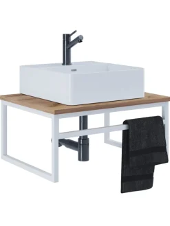 2-tlg. Waschplatz Waschtisch Waschbecken Bitila 60 in Weiß / Honig-Eiche