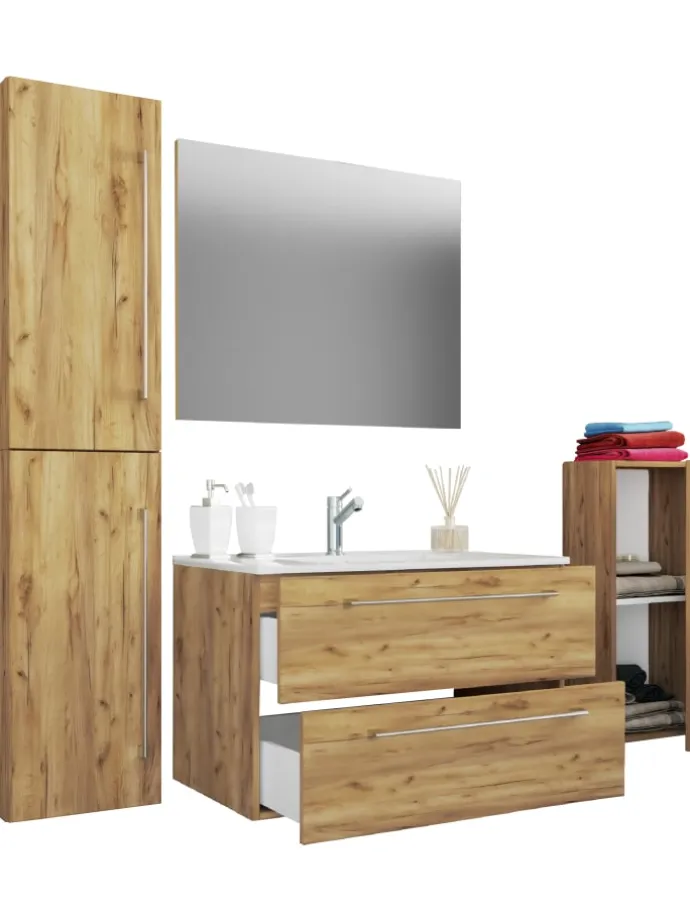 5-tlg. Waschplatz Waschtisch Badinos Schublade SP in Honig-Eiche